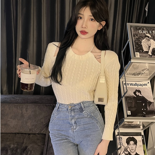 Áo Len Dài Tay Trễ Vai Giả Hai Lớp Thiết Kế Mới Thời Trang Dành Cho Mùa Thu Đông áo đông croptop tay dài