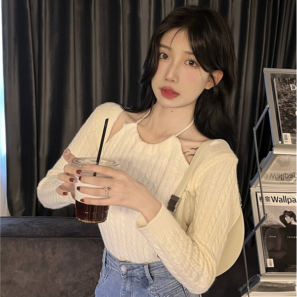 Áo Len Dài Tay Trễ Vai Giả Hai Lớp Thiết Kế Mới Thời Trang Dành Cho Mùa Thu Đông áo đông croptop tay dài