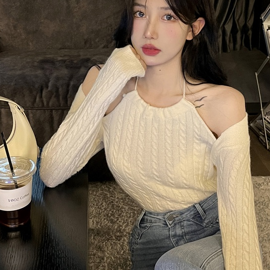Áo Len Dài Tay Trễ Vai Giả Hai Lớp Thiết Kế Mới Thời Trang Dành Cho Mùa Thu Đông áo đông croptop tay dài