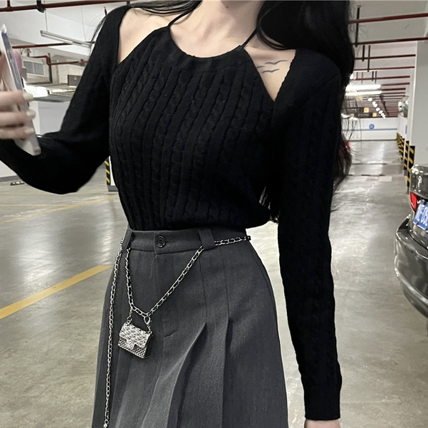 Áo Len Dài Tay Trễ Vai Giả Hai Lớp Thiết Kế Mới Thời Trang Dành Cho Mùa Thu Đông áo đông croptop tay dài