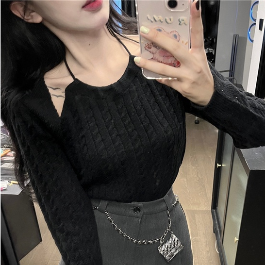Áo Len Dài Tay Trễ Vai Giả Hai Lớp Thiết Kế Mới Thời Trang Dành Cho Mùa Thu Đông áo đông croptop tay dài