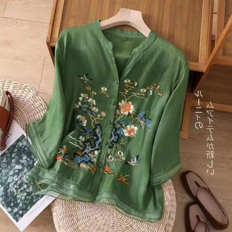 Áo Sơ Mi Tay Lửng Cổ Chữ v Vải organza Mỏng Thêu Họa Tiết vintage Thời Trang Mùa Hè Cao Cấp 51 Cho Nữ