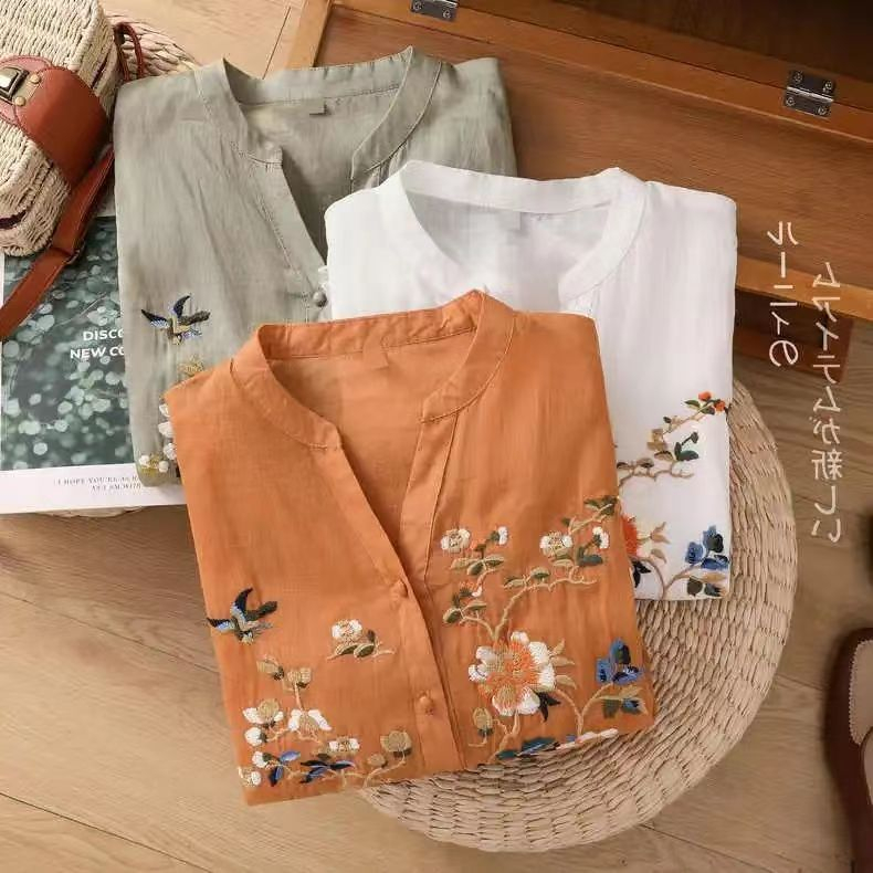 Áo Sơ Mi Tay Lửng Cổ Chữ v Vải organza Mỏng Thêu Họa Tiết vintage Thời Trang Mùa Hè Cao Cấp 51 Cho Nữ