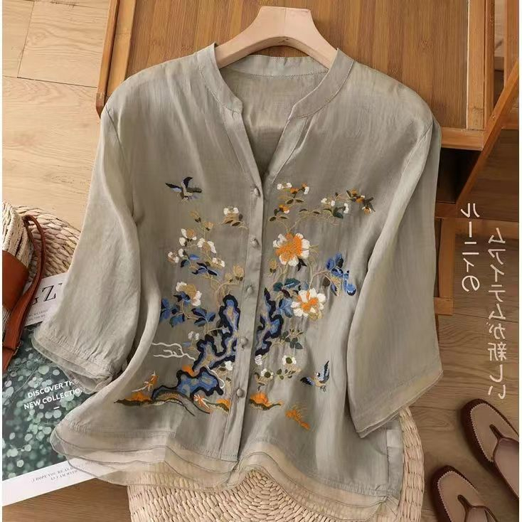 Áo Sơ Mi Tay Lửng Cổ Chữ v Vải organza Mỏng Thêu Họa Tiết vintage Thời Trang Mùa Hè Cao Cấp 51 Cho Nữ