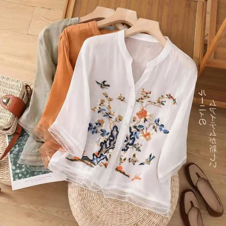 Áo Sơ Mi Tay Lửng Cổ Chữ v Vải organza Mỏng Thêu Họa Tiết vintage Thời Trang Mùa Hè Cao Cấp 51 Cho Nữ