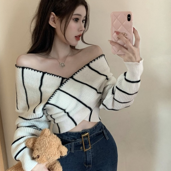 Áo Dệt Kim Trễ Vai Thời Trang Dành Cho Nữ áo len croptop tay dài áo trễ vai len