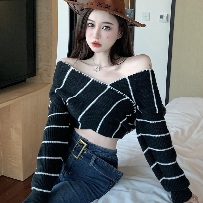 Áo Dệt Kim Trễ Vai Thời Trang Dành Cho Nữ áo len croptop tay dài áo trễ vai len