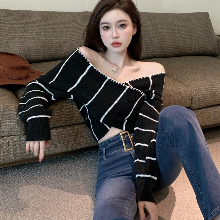 Áo Dệt Kim Trễ Vai Thời Trang Dành Cho Nữ áo len croptop tay dài áo trễ vai len