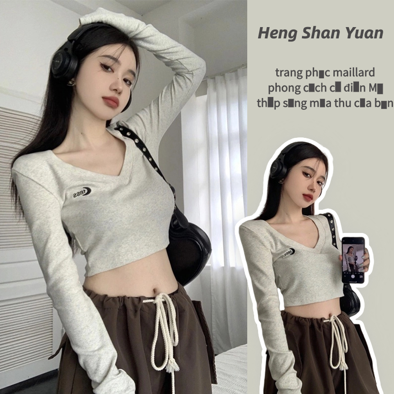 Áo thun HENG SHAN YUAN Y2K cổ chữ V dài tay thêu họa tiết phong cách Âu Mỹ thời trang dành cho nữ