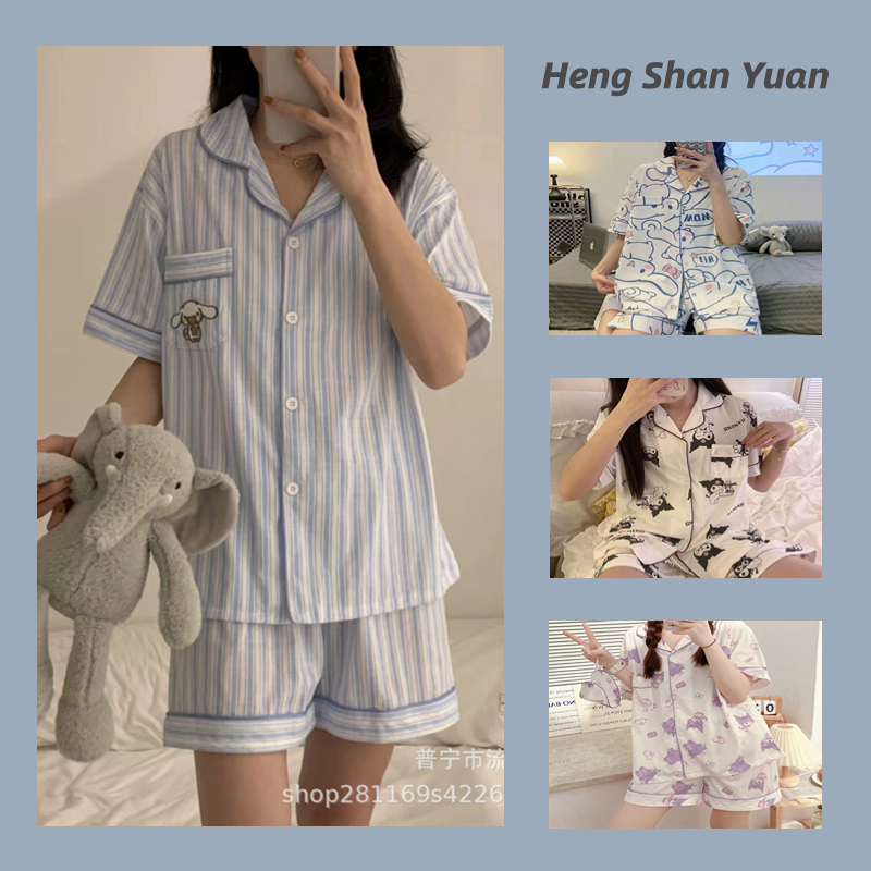 Bộ Đồ Ngủ Ngắn Tay Họa Tiết Hoạt Hình Phong Cách Hàn Quốc Cho Nữ