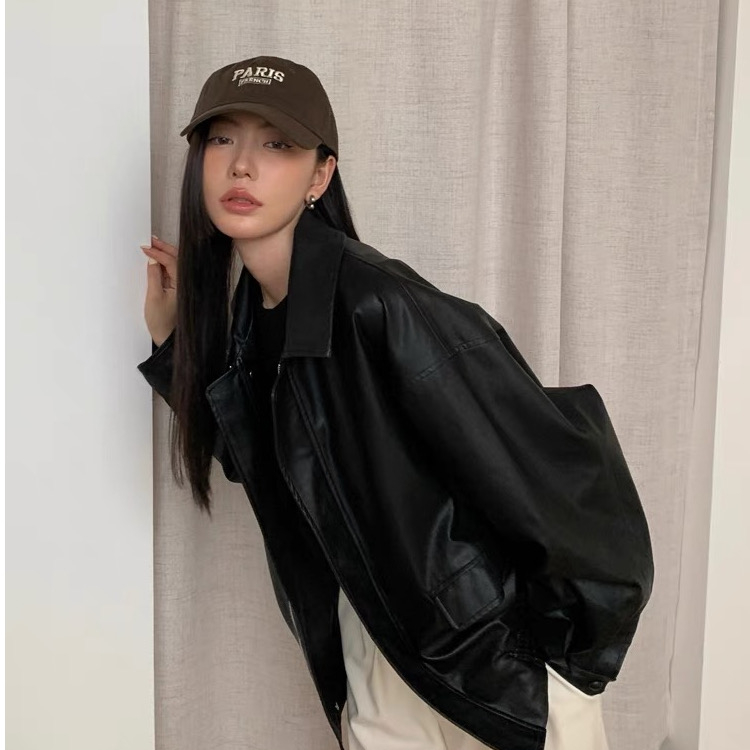 Lalisas Áo Khoác Da Dáng Rộng Màu Nâu Phong Cách retro Mỹ