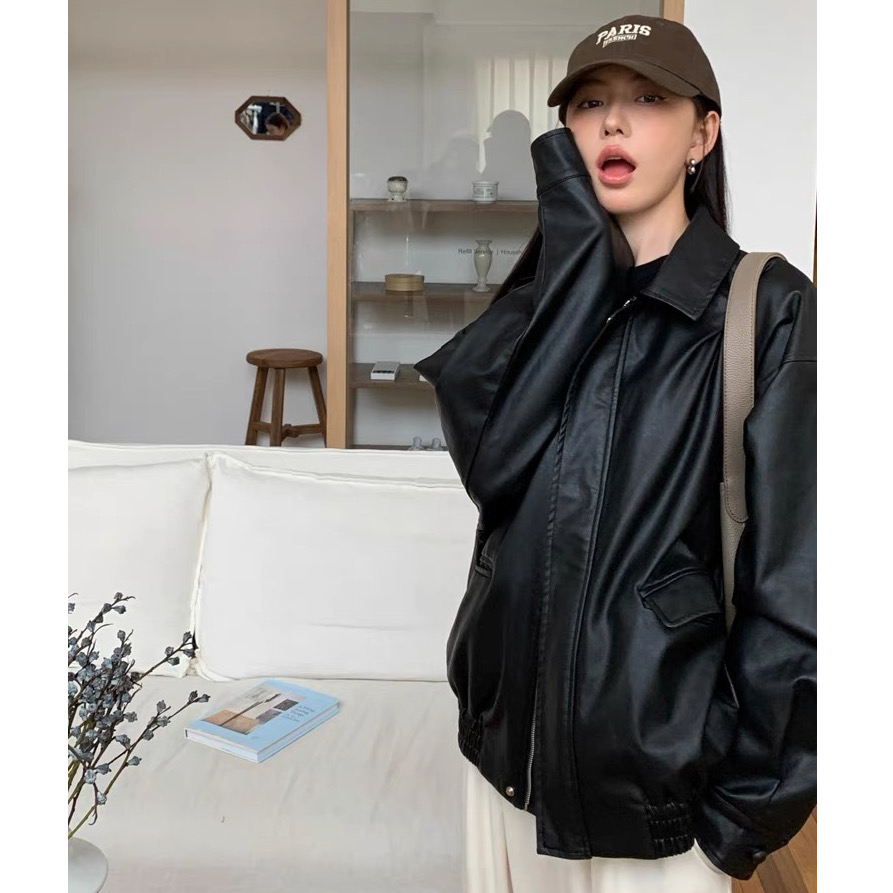 Lalisas Áo Khoác Da Dáng Rộng Màu Nâu Phong Cách retro Mỹ