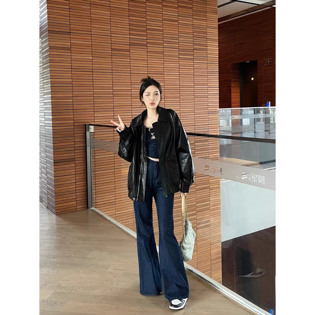 Lalisas Áo Khoác Da Dáng Rộng Màu Nâu Phong Cách retro Mỹ