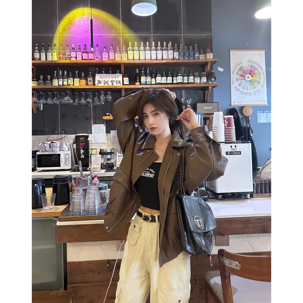 Lalisas Áo Khoác Da Dáng Rộng Màu Nâu Phong Cách retro Mỹ