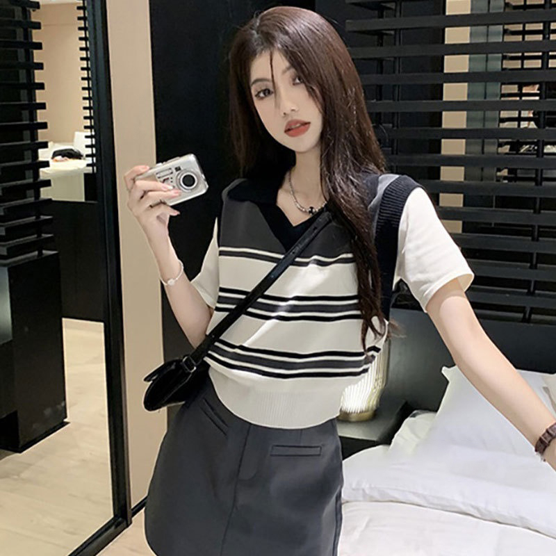 Áo polo Ngắn Tay Phối Sọc Ngang Phong Cách Hàn Quốc Dành Cho Nữ