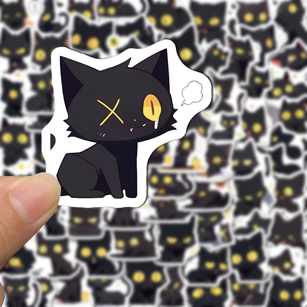 Set 50 / 100 Miếng Dán Chống Thấm Nước Họa Tiết Mèo Đen Dễ Thương Trang Trí Cốc Nước / ipad
