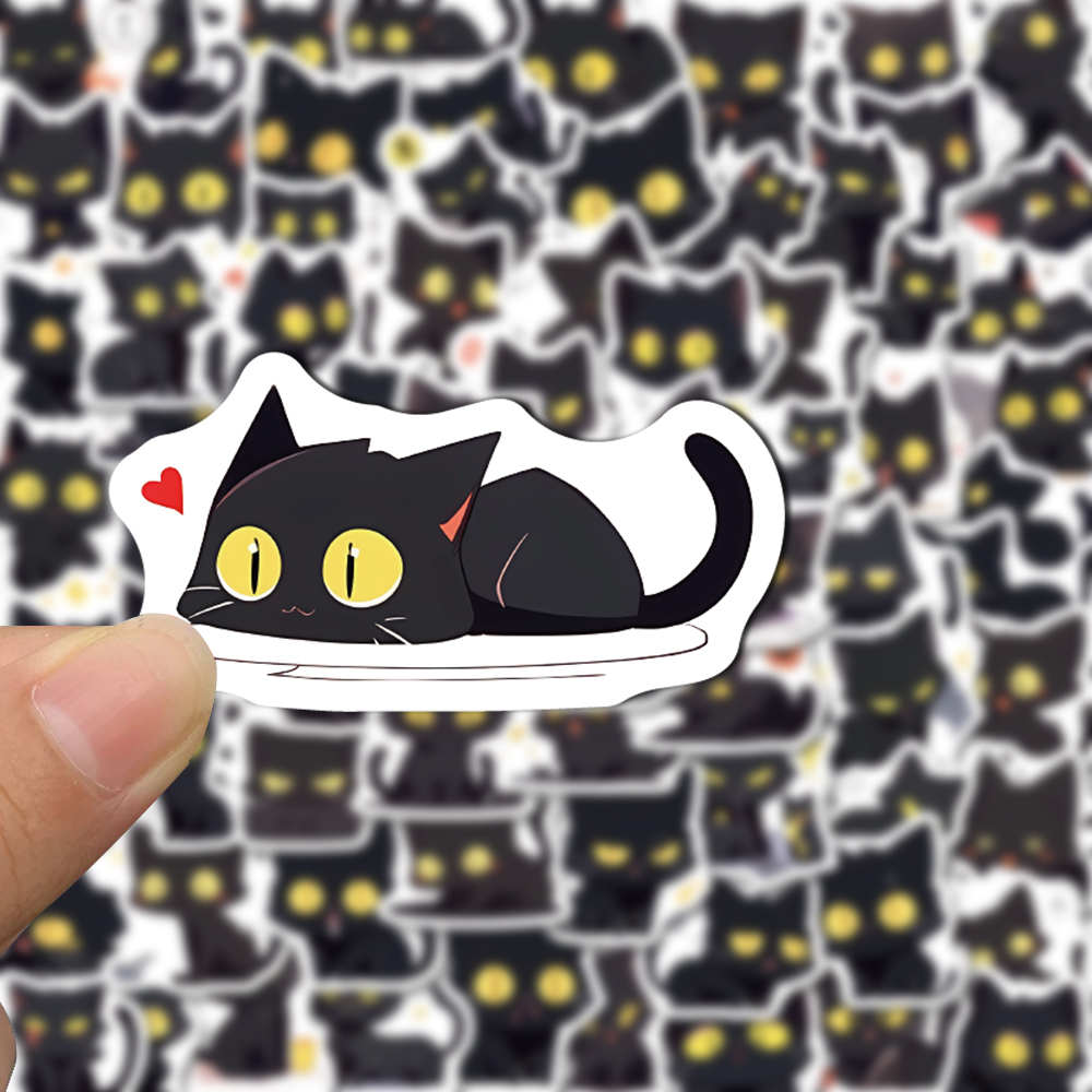 Set 50 / 100 Miếng Dán Chống Thấm Nước Họa Tiết Mèo Đen Dễ Thương Trang Trí Cốc Nước / ipad