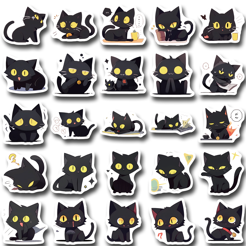 Set 50 / 100 Miếng Dán Chống Thấm Nước Họa Tiết Mèo Đen Dễ Thương Trang Trí Cốc Nước / ipad