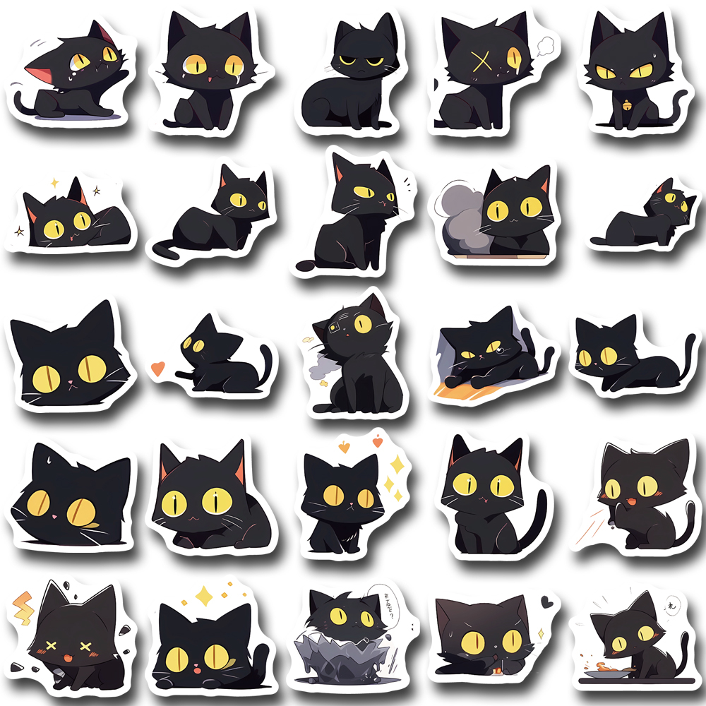 Set 50 / 100 Miếng Dán Chống Thấm Nước Họa Tiết Mèo Đen Dễ Thương Trang Trí Cốc Nước / ipad