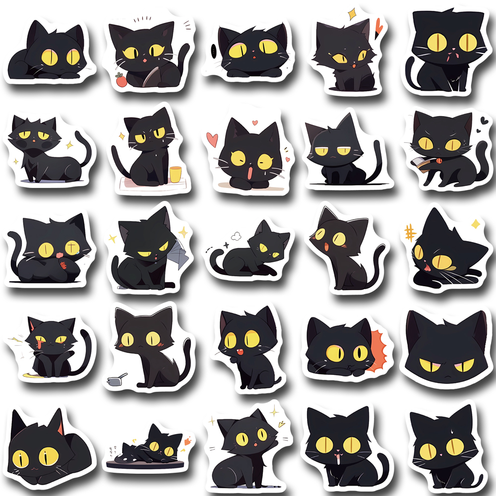 Set 50 / 100 Miếng Dán Chống Thấm Nước Họa Tiết Mèo Đen Dễ Thương Trang Trí Cốc Nước / ipad