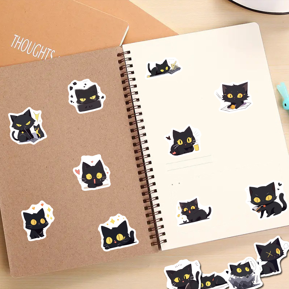 Set 50 / 100 Miếng Dán Chống Thấm Nước Họa Tiết Mèo Đen Dễ Thương Trang Trí Cốc Nước / ipad