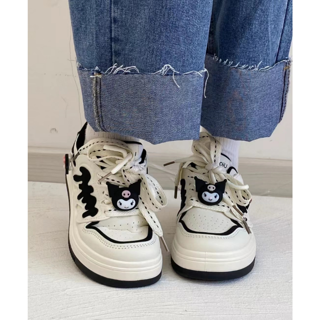 Giày Sneaker Vải kuromi Đáng Yêu Đế Bằng Phối Dây Bản To Giày Thể Thao Kiểu Nữ Mới 2023