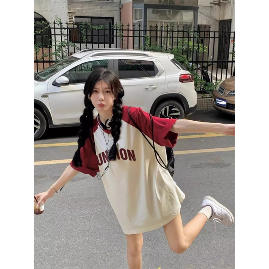 Rdgf Áo Thun Tay Ngắn oversize Màu Đỏ Mơ raglan Thời Trang Nữ