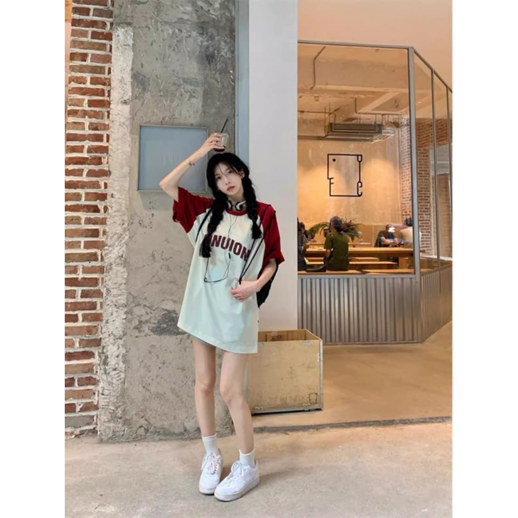 Rdgf Áo Thun Tay Ngắn oversize Màu Đỏ Mơ raglan Thời Trang Nữ