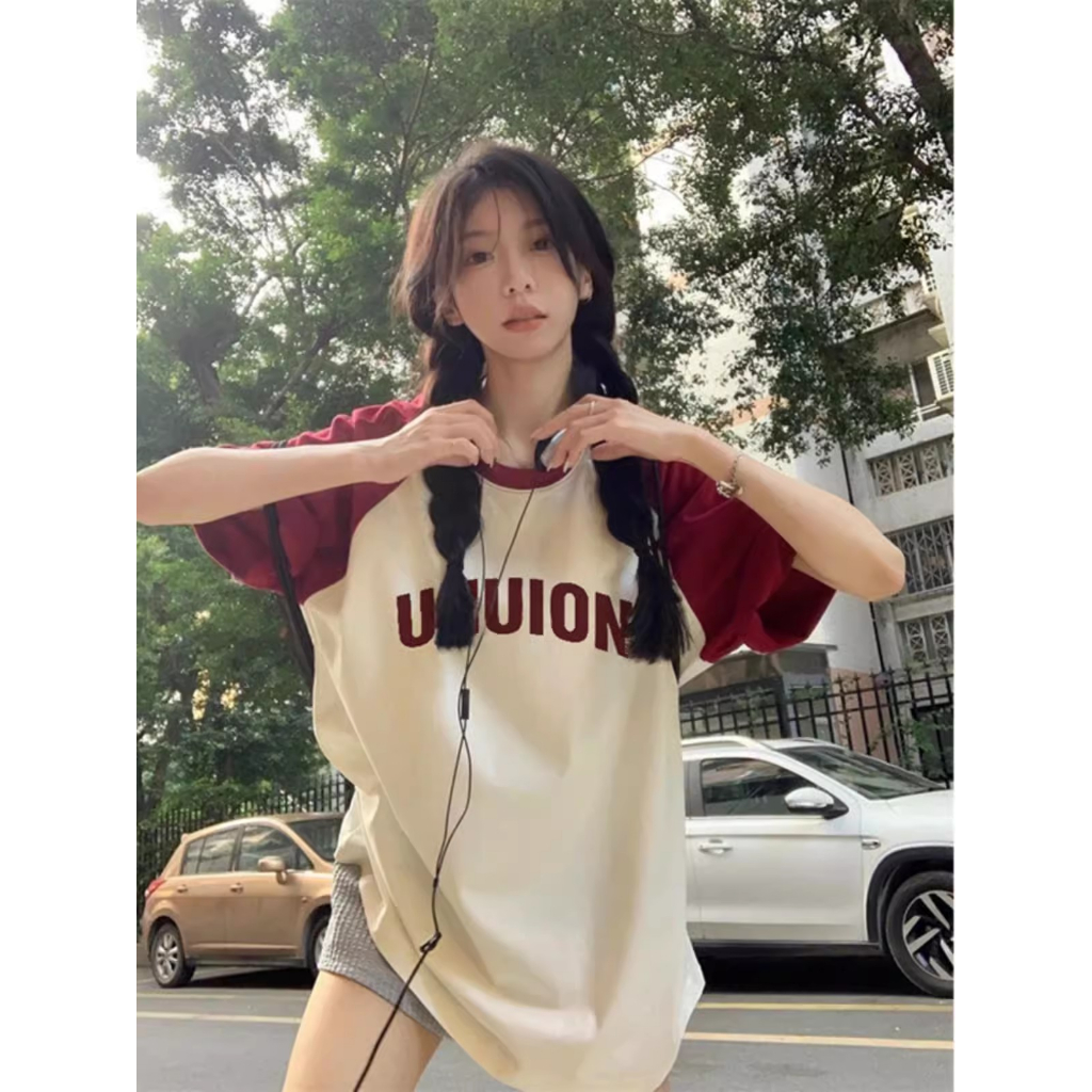 Rdgf Áo Thun Tay Ngắn oversize Màu Đỏ Mơ raglan Thời Trang Nữ