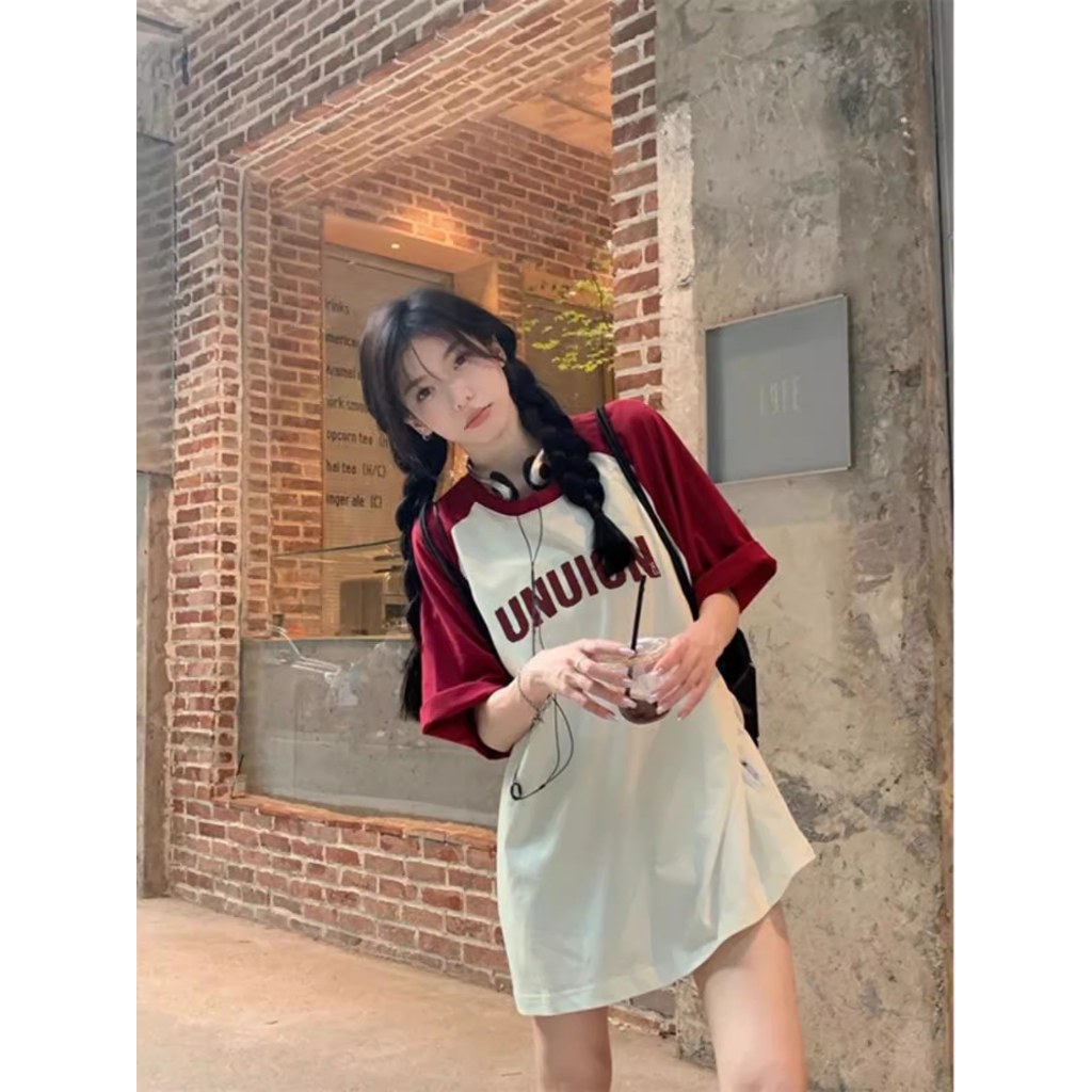 Rdgf Áo Thun Tay Ngắn oversize Màu Đỏ Mơ raglan Thời Trang Nữ