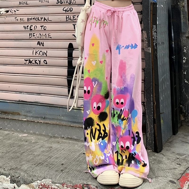 You You women's loose casual high-waisted graffiti printed slim floor wide-legged quần