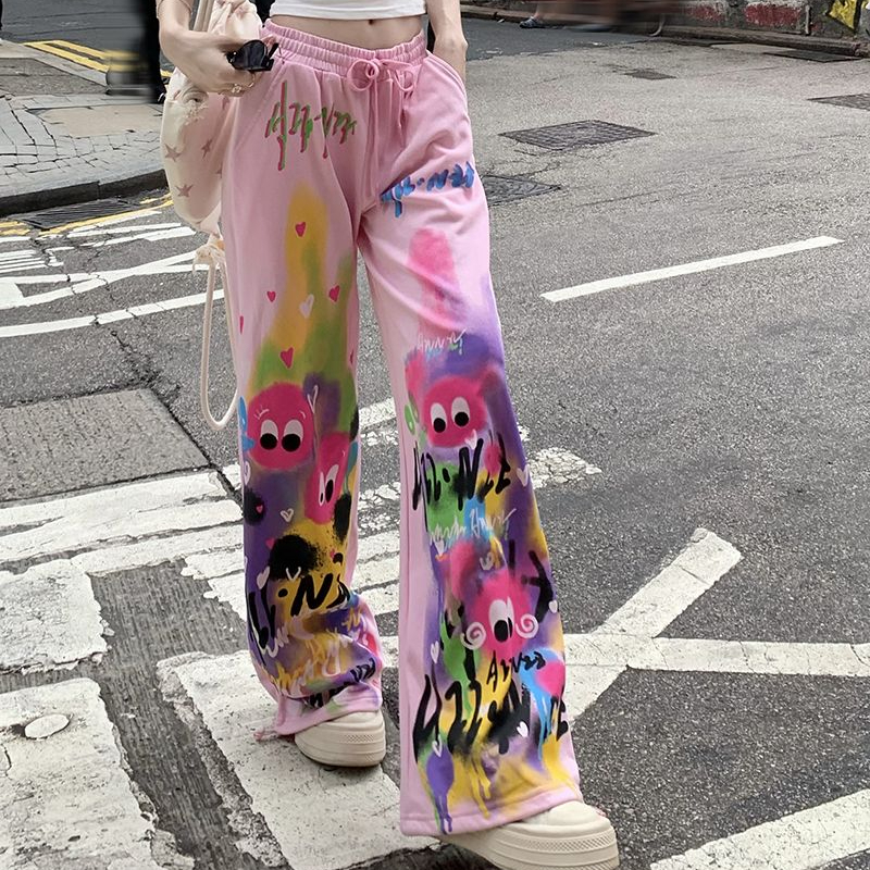 You You women's loose casual high-waisted graffiti printed slim floor wide-legged quần