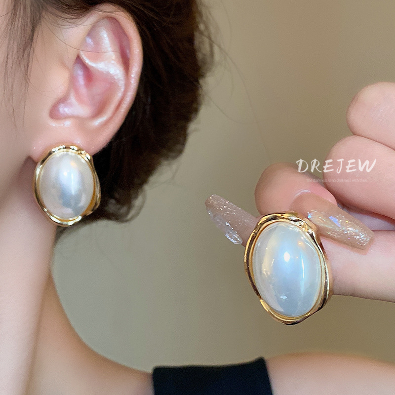 Bông Tai Mạ Bạc 925 Hình oval Đính Ngọc Trai Sang Trọng Phong Cách retro