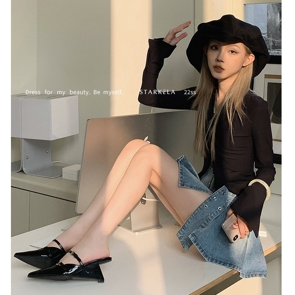 Hong Kong Premium shoes❥Xăng đan Cao Gót Mũi Nhọn Phong Cách retro Cho Nữ