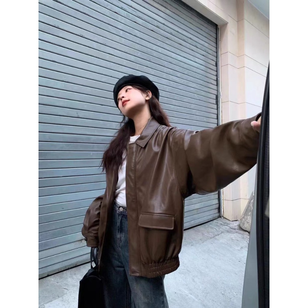 Lalisas Áo Khoác Da Dáng Rộng Màu Nâu Phong Cách retro Mỹ