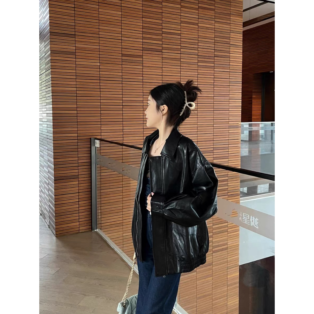 Lalisas Áo Khoác Da Dáng Rộng Màu Nâu Phong Cách retro Mỹ