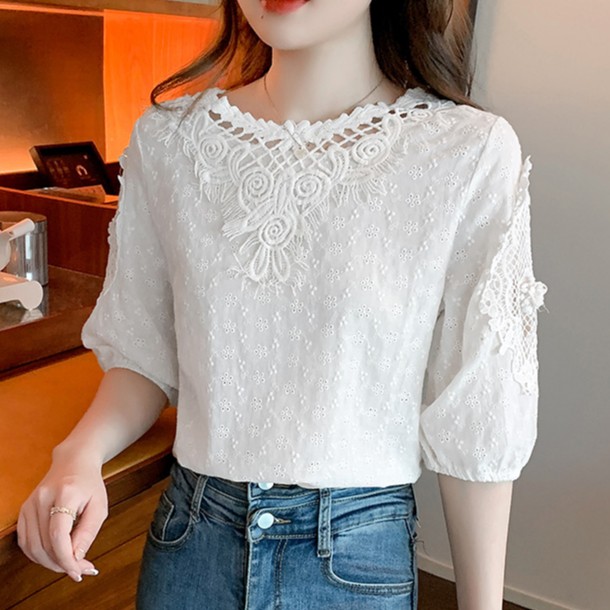 Áo Sơ Mi cotton Tay Ngắn Cổ Tròn Phối Ren Thêu Họa Tiết Thời Trang Mùa Hè 2023 Mới