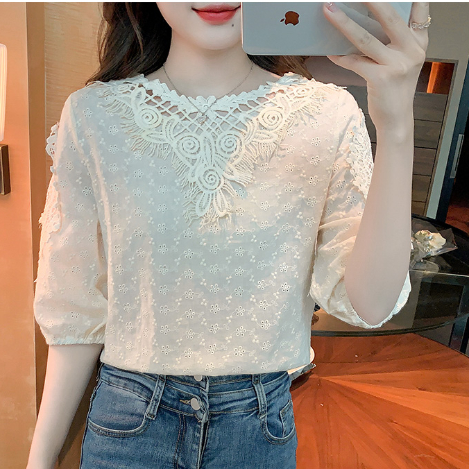 Áo Sơ Mi cotton Tay Ngắn Cổ Tròn Phối Ren Thêu Họa Tiết Thời Trang Mùa Hè 2023 Mới