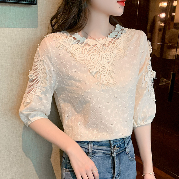 Áo Sơ Mi cotton Tay Ngắn Cổ Tròn Phối Ren Thêu Họa Tiết Thời Trang Mùa Hè 2023 Mới