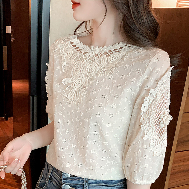 Áo Sơ Mi cotton Tay Ngắn Cổ Tròn Phối Ren Thêu Họa Tiết Thời Trang Mùa Hè 2023 Mới