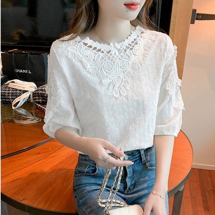 Áo Sơ Mi cotton Tay Ngắn Cổ Tròn Phối Ren Thêu Họa Tiết Thời Trang Mùa Hè 2023 Mới
