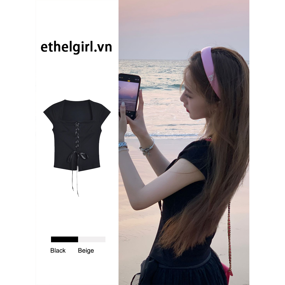 Ethelgirl Áo Croptop Tay Ngắn Cổ Vuông Cột Dây Dáng Ôm Thời Trang Quyến Rũ Cho Nữ