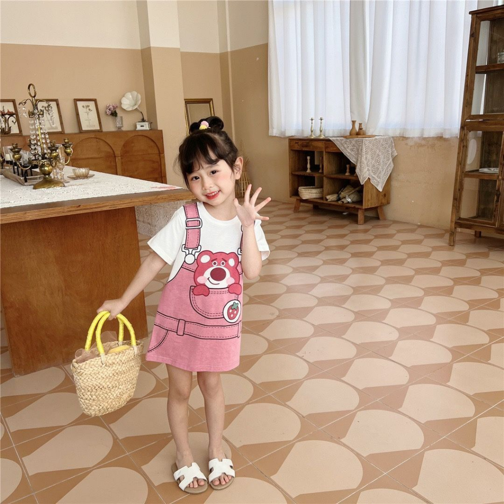 Dễ Thương Đầm Công Chúa Giả Hai Lớp Ngắn Tay In Họa Tiết Hoạt Hình Thời Trang Mùa Hè Cho Bé Gái