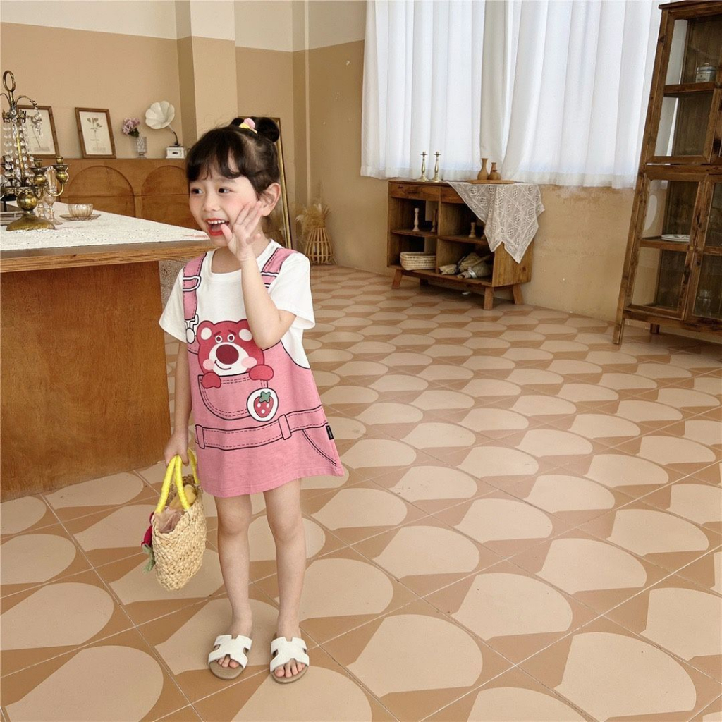 Dễ Thương Đầm Công Chúa Giả Hai Lớp Ngắn Tay In Họa Tiết Hoạt Hình Thời Trang Mùa Hè Cho Bé Gái