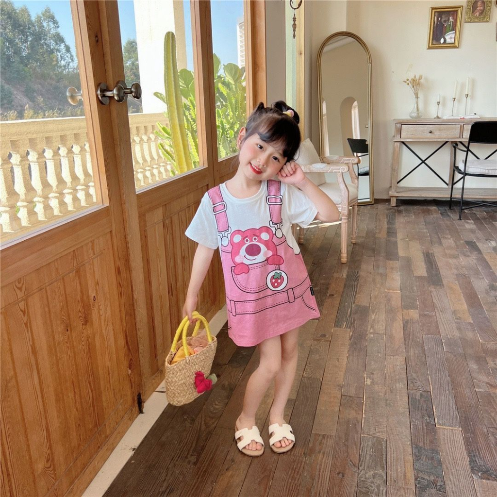 Dễ Thương Đầm Công Chúa Giả Hai Lớp Ngắn Tay In Họa Tiết Hoạt Hình Thời Trang Mùa Hè Cho Bé Gái