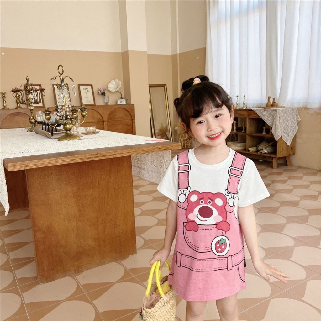 Dễ Thương Đầm Công Chúa Giả Hai Lớp Ngắn Tay In Họa Tiết Hoạt Hình Thời Trang Mùa Hè Cho Bé Gái