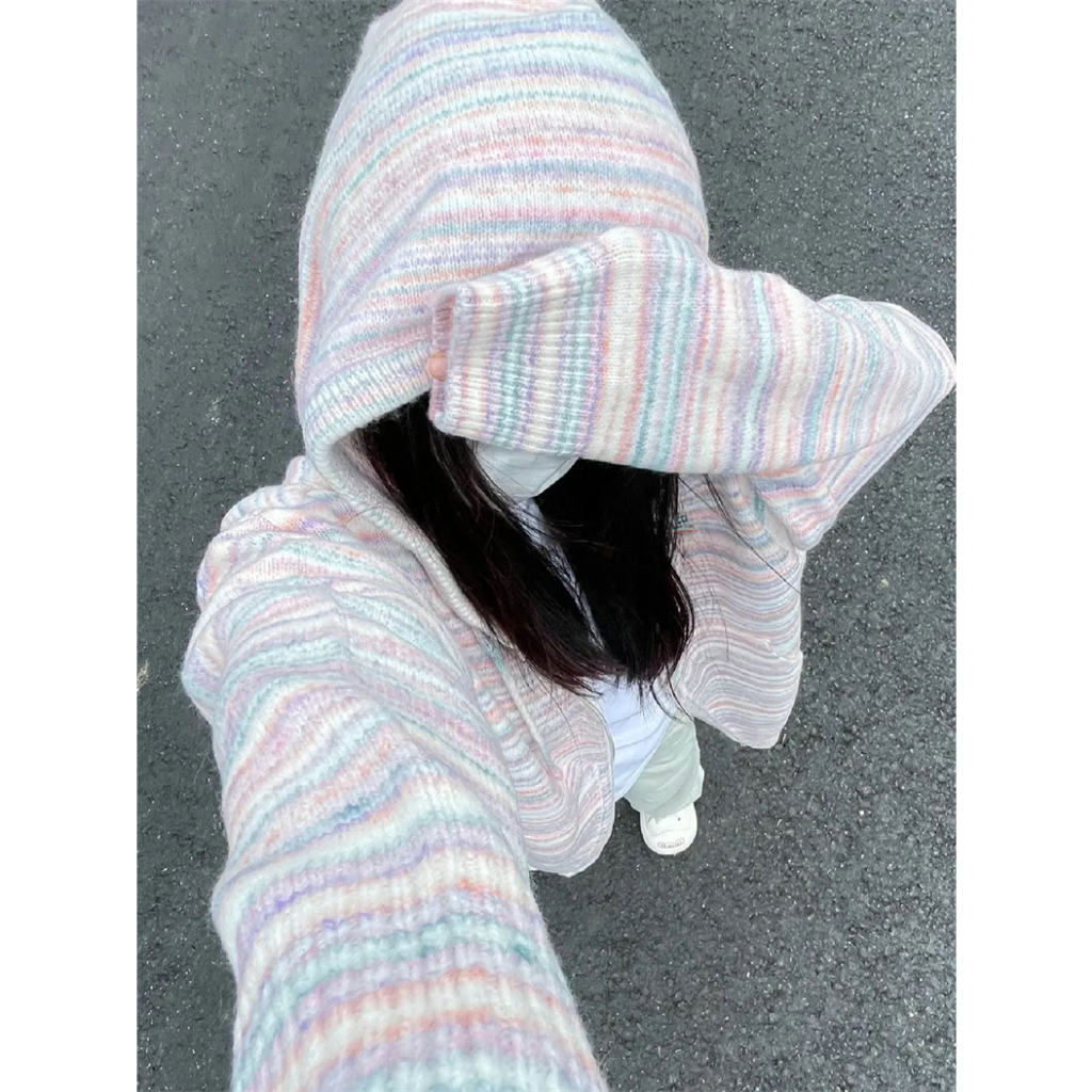 Áo khoác dệt kim có mũ trùm đầu cho phụ nữ american street retro autumn hip hop couple loose casual cardigan all-matching top
