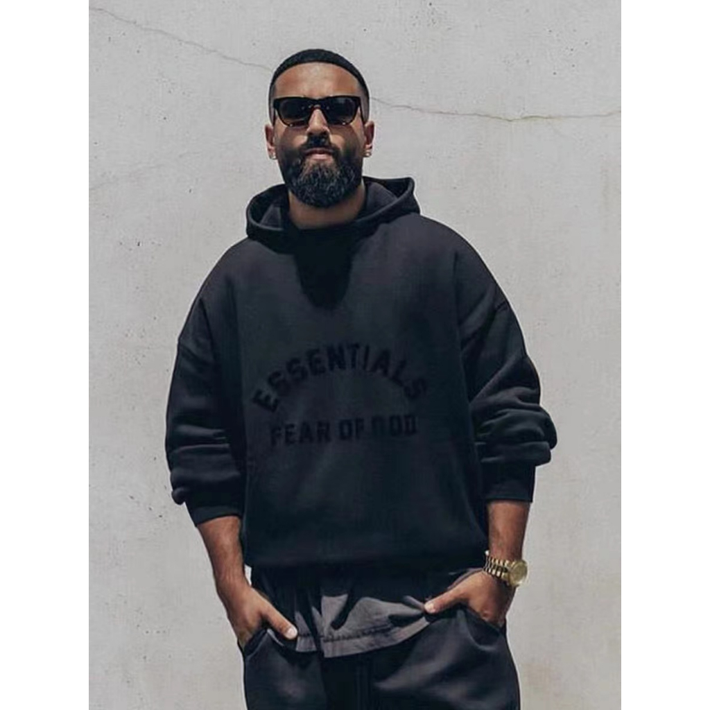 FOG FEAR OF GOD Season 8 Essentials 23SS Off Shoulder Pullover Double Thread Cool Black Series High Street Loose Hooded Autumn/Winter Plush Sweater