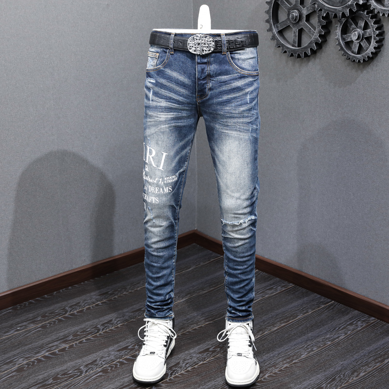 Amiri High Street Fashion New Men Jeans Blue Tight Printing Patch Logo High Quality Hip Hop Button Men Jeans