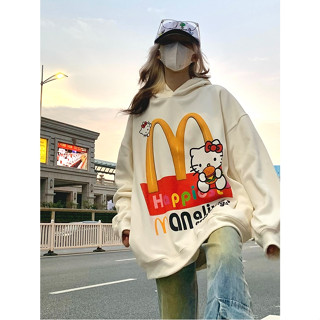 Áo Hoodie Dáng Rộng In Hình Mèo hello kitty Kiểu retro Mỹ Thời Trang Thu Đông Cho Nữ